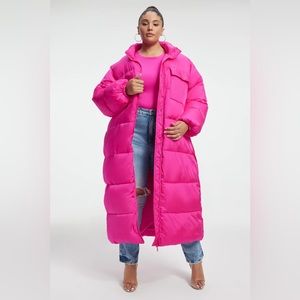 Good American BELTED PUFFER COAT Fuschia